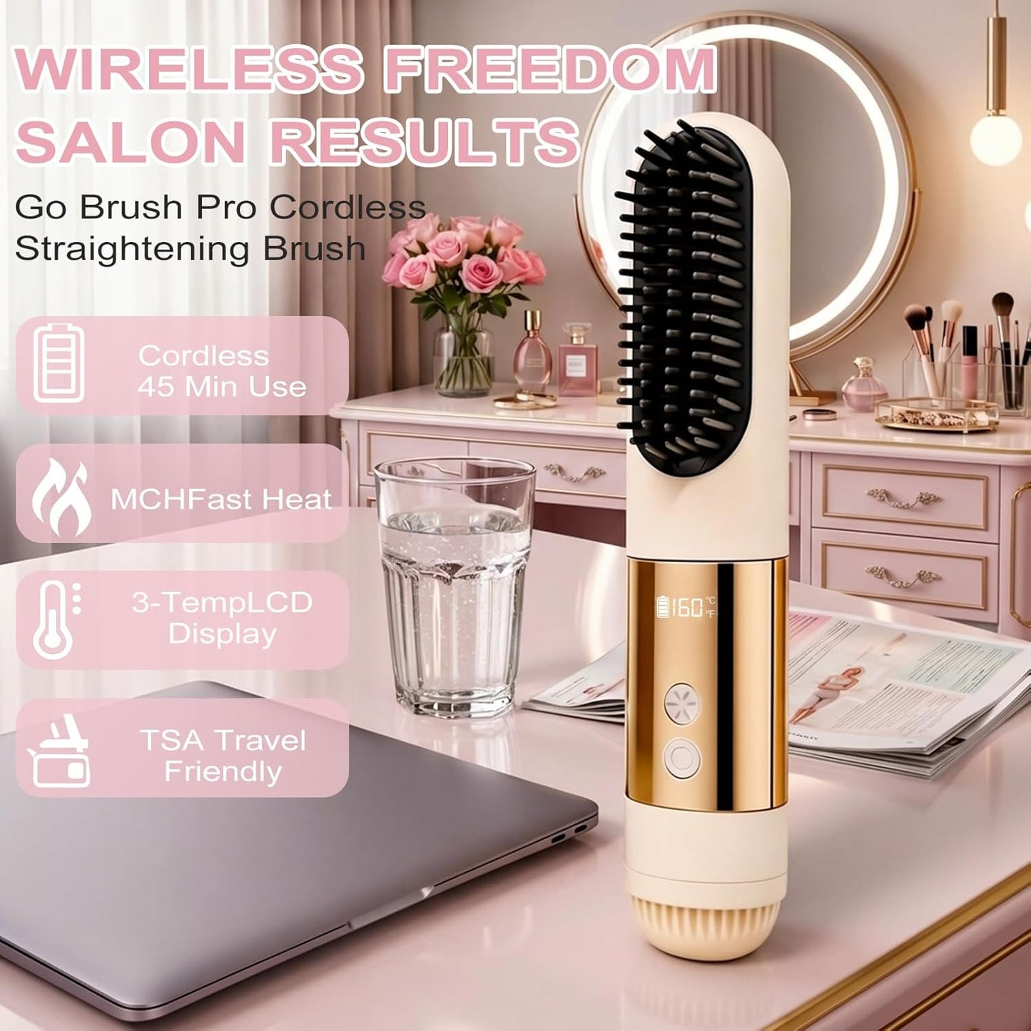 Go Brush Pro Hair Straightener Brush - Portable Cordless Design, Fast 30s Heat & Cool Air Setting | Blue