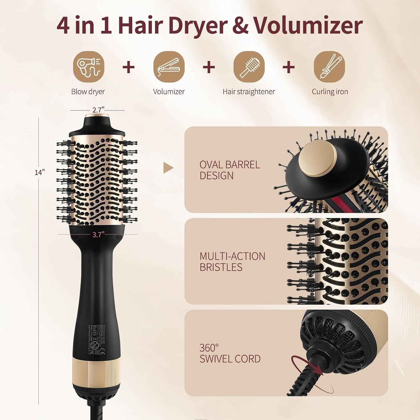 HIPPIH Infrared Blow Dryer Brush - 4-in-1 Anti-Frizz Styling Tool for Smooth Volume | Oval Barrel Design