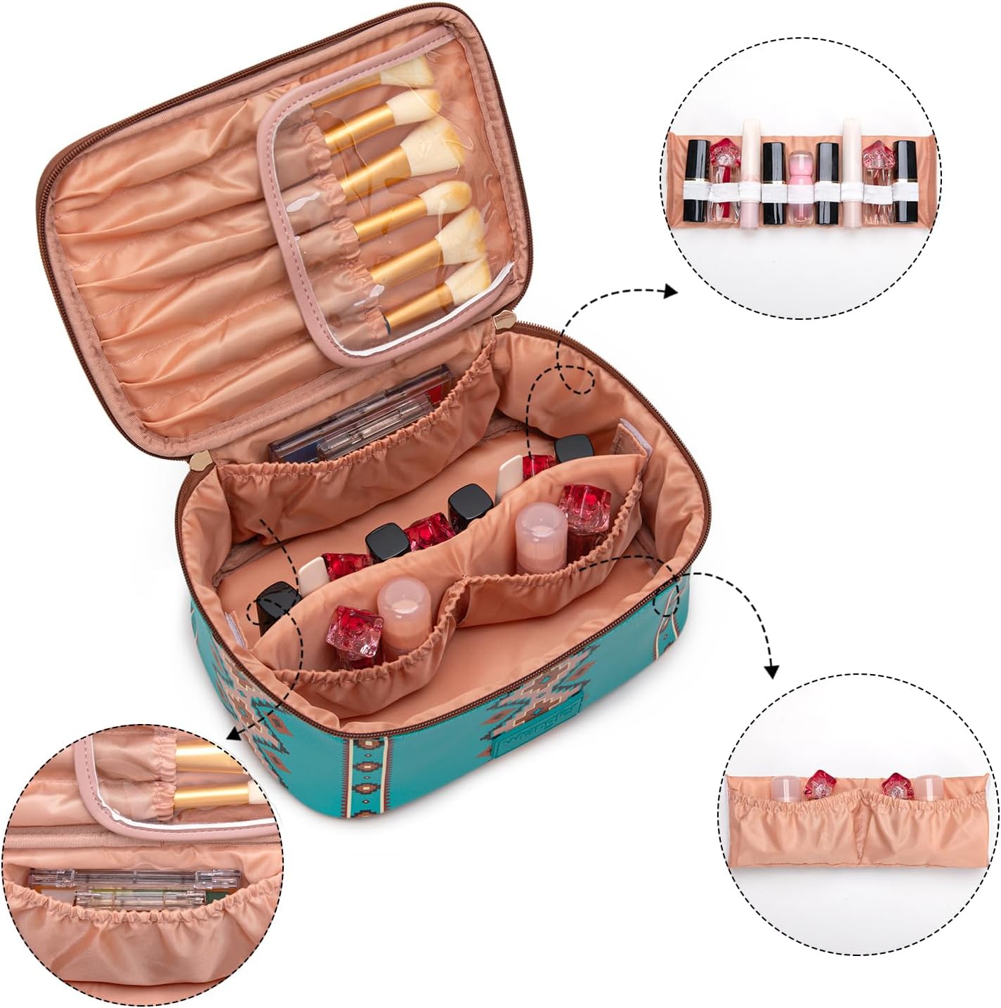 Montana West Travel Makeup Bag Set - Large Cosmetic Organizer with Brush Holder & Divider | Cute Aztec Design