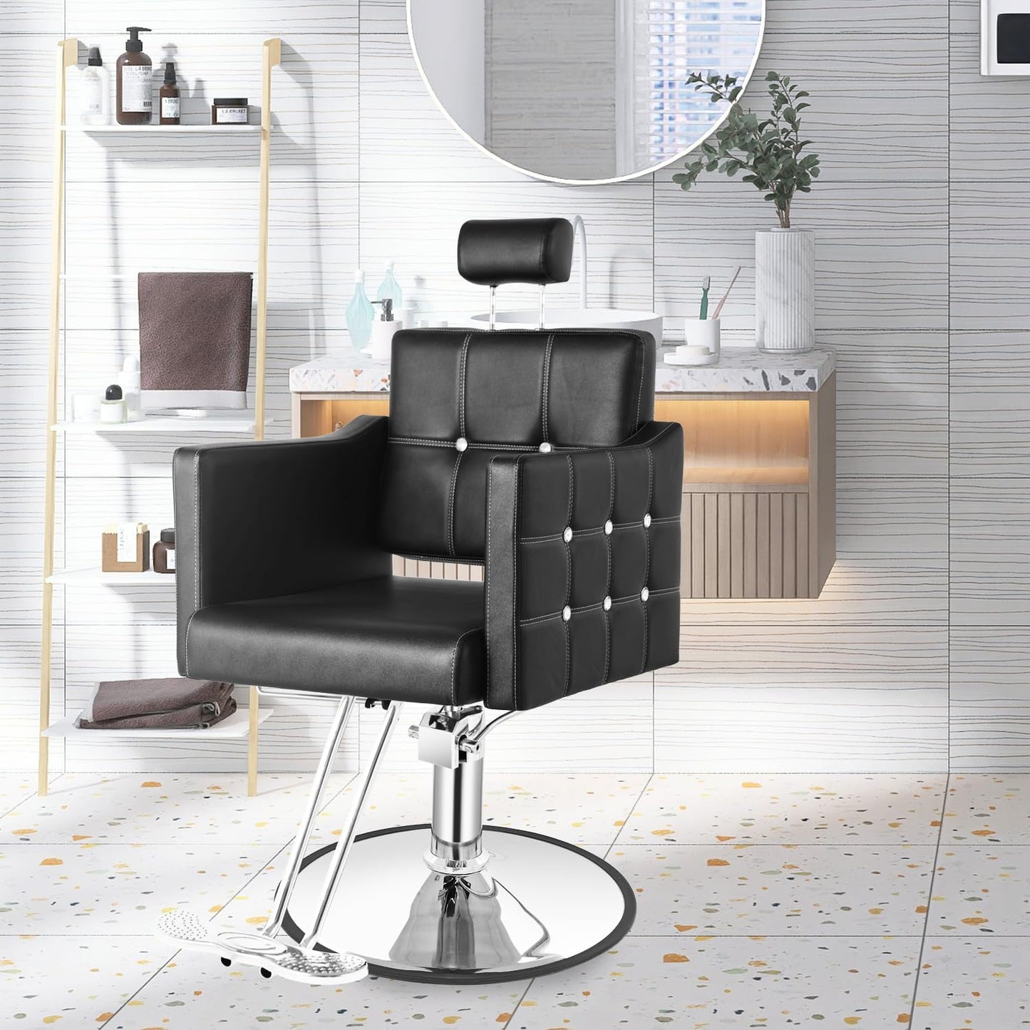 Reclining Salon Chair - Adjustable Barber Chair with 350LBS Hydraulic Pump | Black, 135° Recline for Beauty & Tattoo Studios