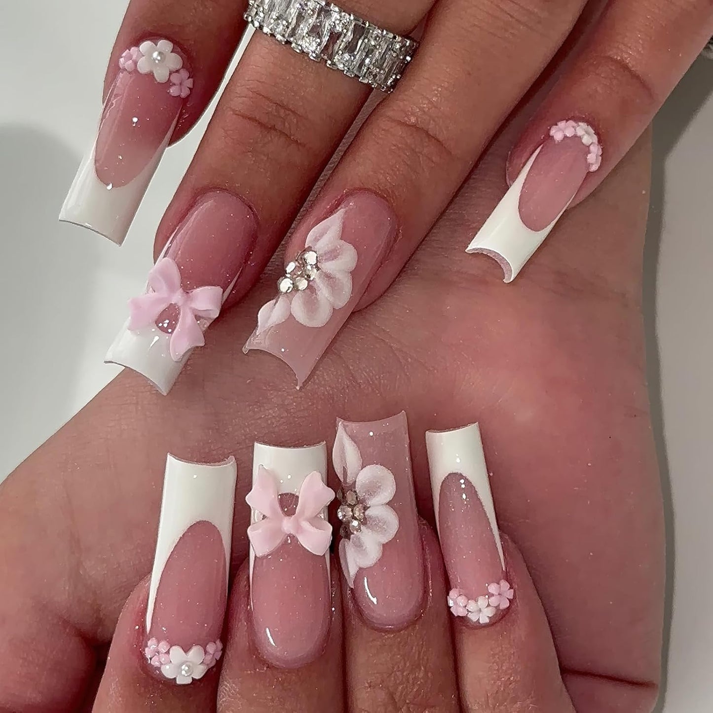 Press On Nails - White French Tip Long Square Design with 3D Flowers & Rhinestones | 24 Reusable Full Cover Nails