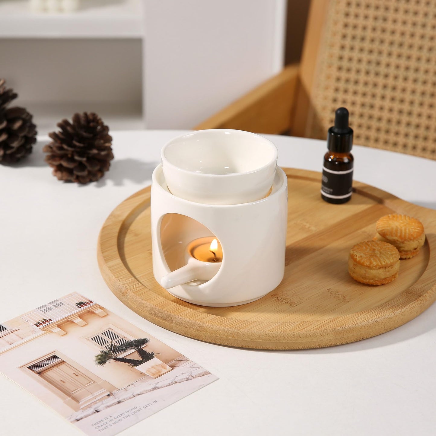Auxmeware - Essential Oil Burner for Scented Oil, Oil Warmer, Tealight Wax Melt Warmer, Candle Diffuser, Tea Light Holder, White
