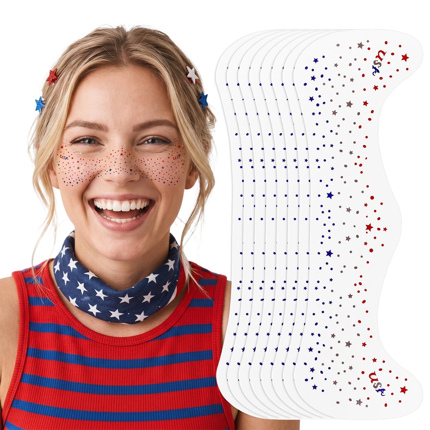 8 Pcs Patriotic Freckles 4th of July Freckles Face Tattoo Red White and Blue Glitter Face Tattoo 4th of July Outfits for Independence Day