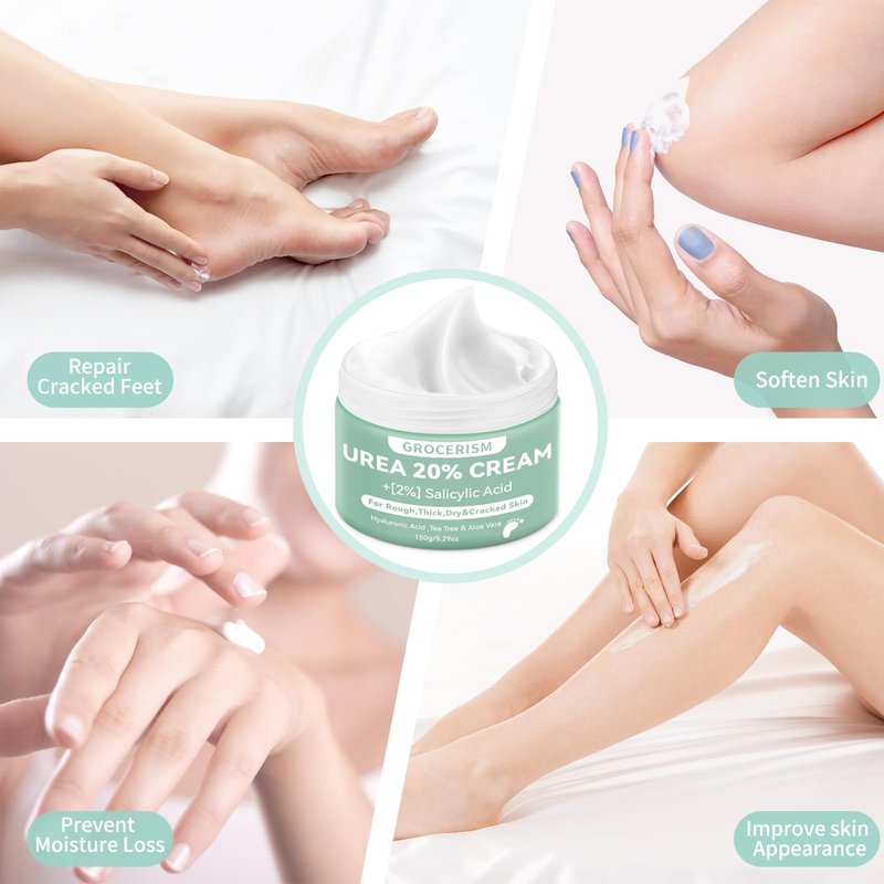 Grocerism 2 Packs Urea Cream 20% Plus 2% Salicylic Acid 5.3oz || Foot Cream Maximum Strength with Hyaluronic Acid, Tea Tree and Aloe Vera for Deep Moisturizes, Callus Remover and Soften