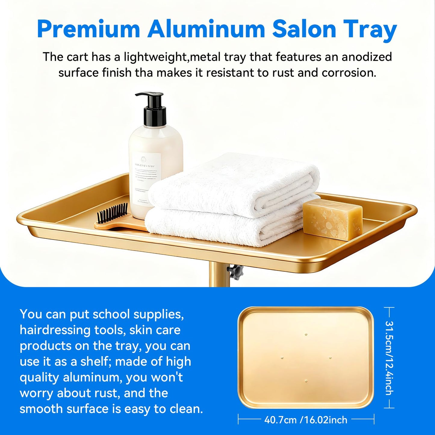 SFANSPA Salon Tray on Wheels,Premium Aluminum Rolling Tray with Adjustable Height,Salon Trolley Hairdresser Cart Suitable for Clinic,SPA,Tattoo and Dental (Gold)