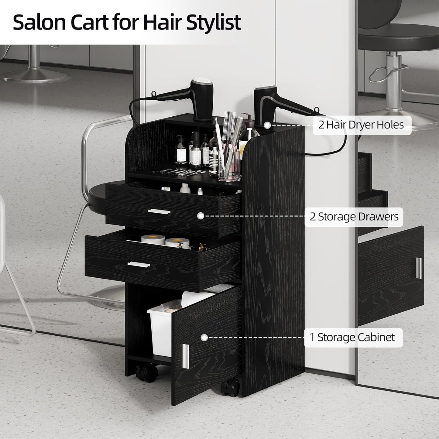 Salon Station for Hair Stylists - Mobile Organizer with Wheels | Black Beauty Barber Trolley Cart for Spa & Barbershop