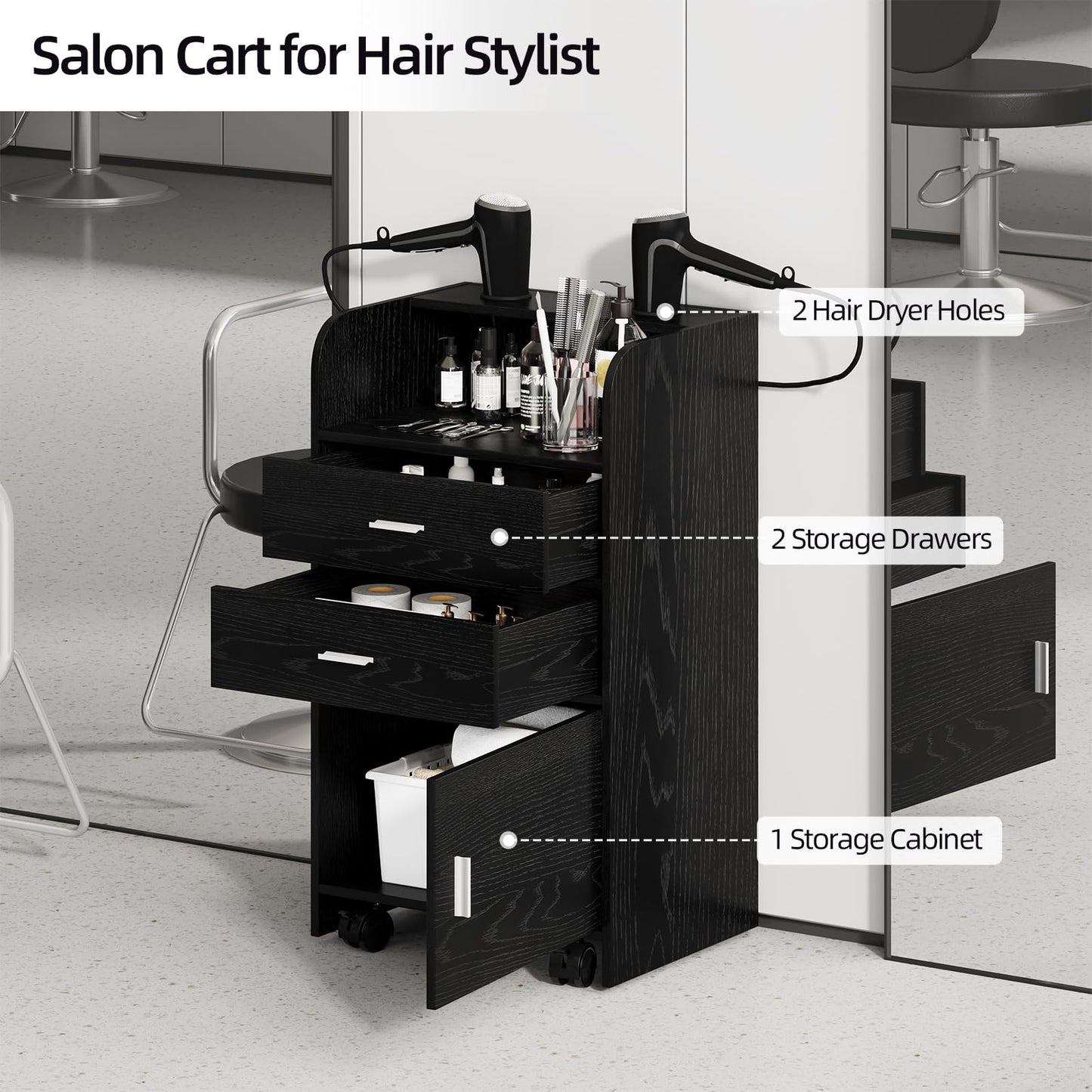 4ever2buy Salon Station for Hair Stylist, Black Beauty Barber Station, Salon Trolley Cart with Wheels, Mobile Organizer for Salon, Spa, Barbershop, Nail & Beauty Tools, Black