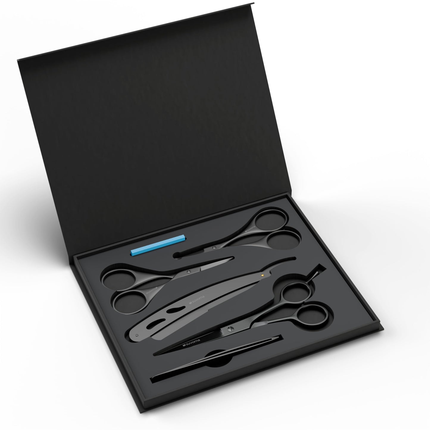 Suvorna Premium Beard & Mustache Set with Beard scissors for men, Straight Razor with blades- Facial Hair/Nose/Eyebrow Scissors - Slant Tweezers (6 Pcs Black)