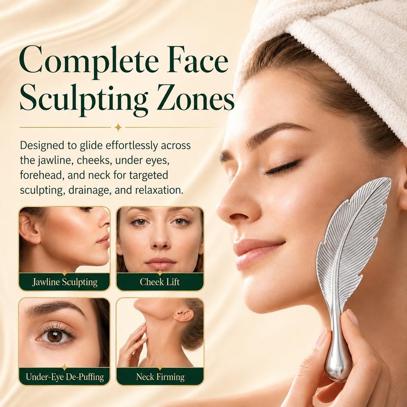 Stainless Steel Gua Sha Tool for Face, 304 Cooling Metal Facial Massager, Jawline Sculpting, De-Puffing, Under Eye Bags, Lymphatic Drainage, Feather Shape with Acupressure Tip, Gift for Women Men