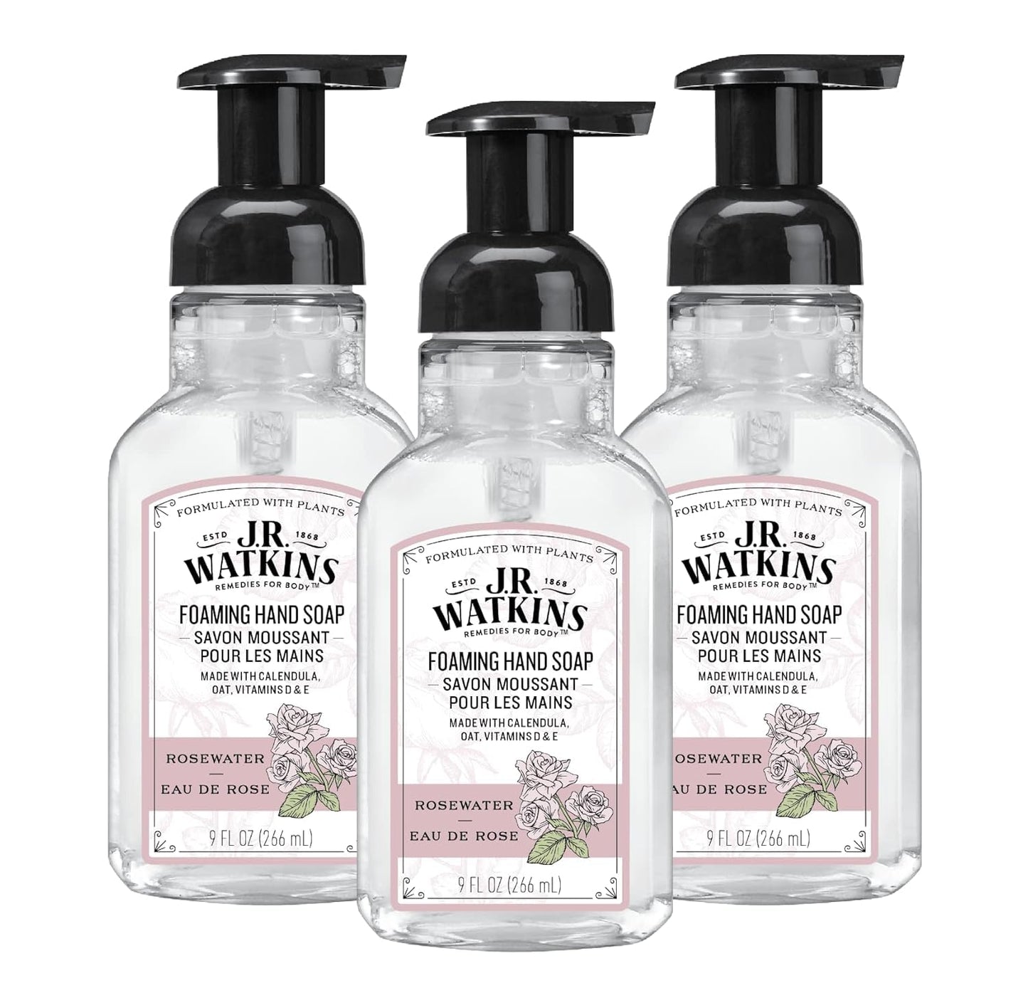 J.R. Watkins Moisturizing Foam Hand Soap Dispenser 3 Pack, Rose, 9 fl oz