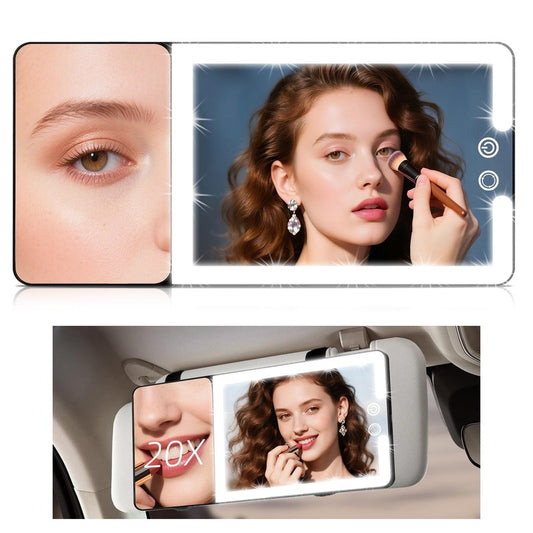 Car Sun Visor Vanity Mirror with Lights & 20X Magnification, Led Light up Makeup Mirror for Sun Visor, Rechargeable 3 Colors Dimming Light, Universal Accessories for Car SUV Truck