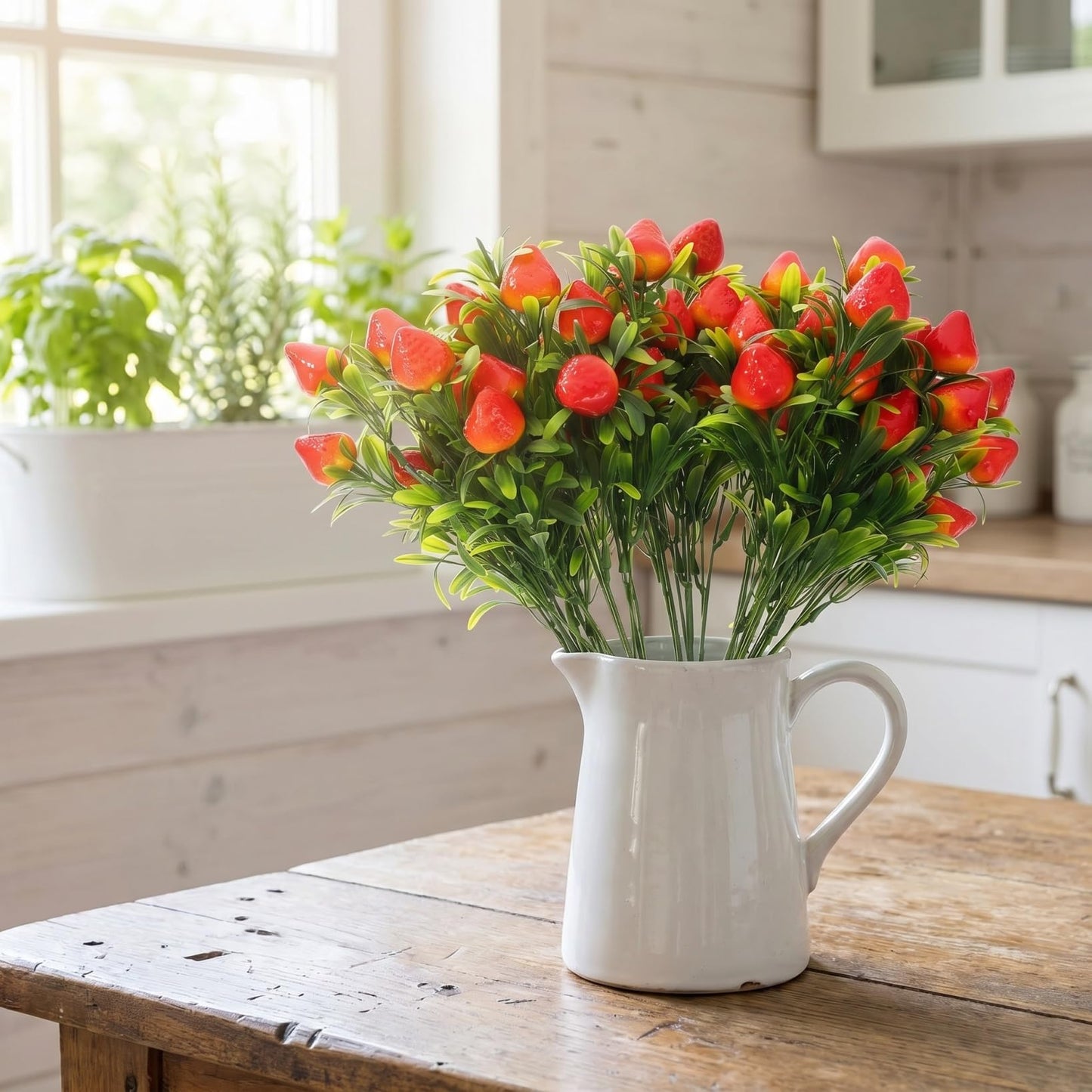 Housoutil Artificial Strawberry Plant Bouquet, 5PCS Fake Strawberries, Faux Fruits Stem Bouquet Arrangement Decor for Vase