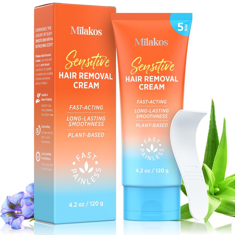 Milakos Hair Removal Cream for Women – Painless Depilatory Cream for Legs, Arms, Underarms & Bikini Line – 5 Minute Fast Acting Hair Remover with Aloe Vera & Argan Oil – Gentle on Sensitive Skin
