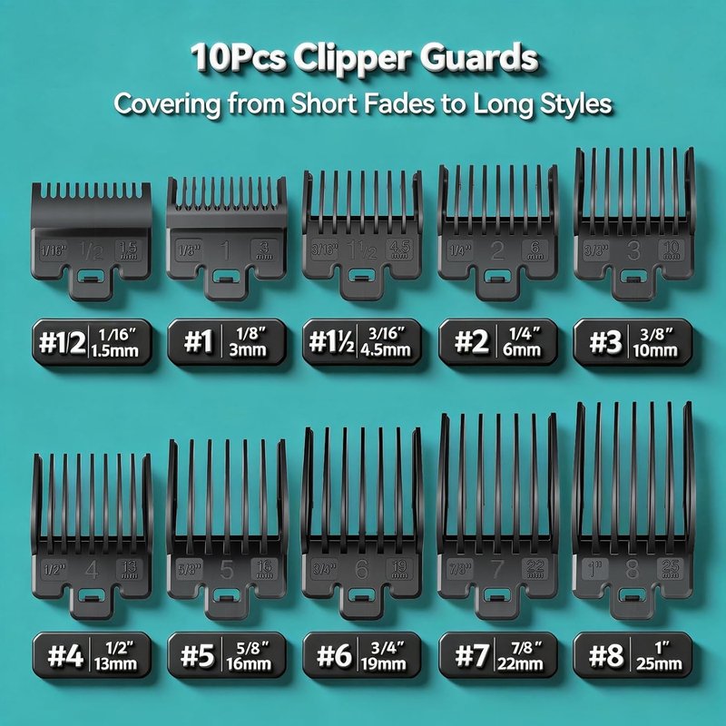 Clipper Guards Set - Compatible with Wahl Clippers | 10-Piece Replacement Guide Set, 1/16" to 1" Black