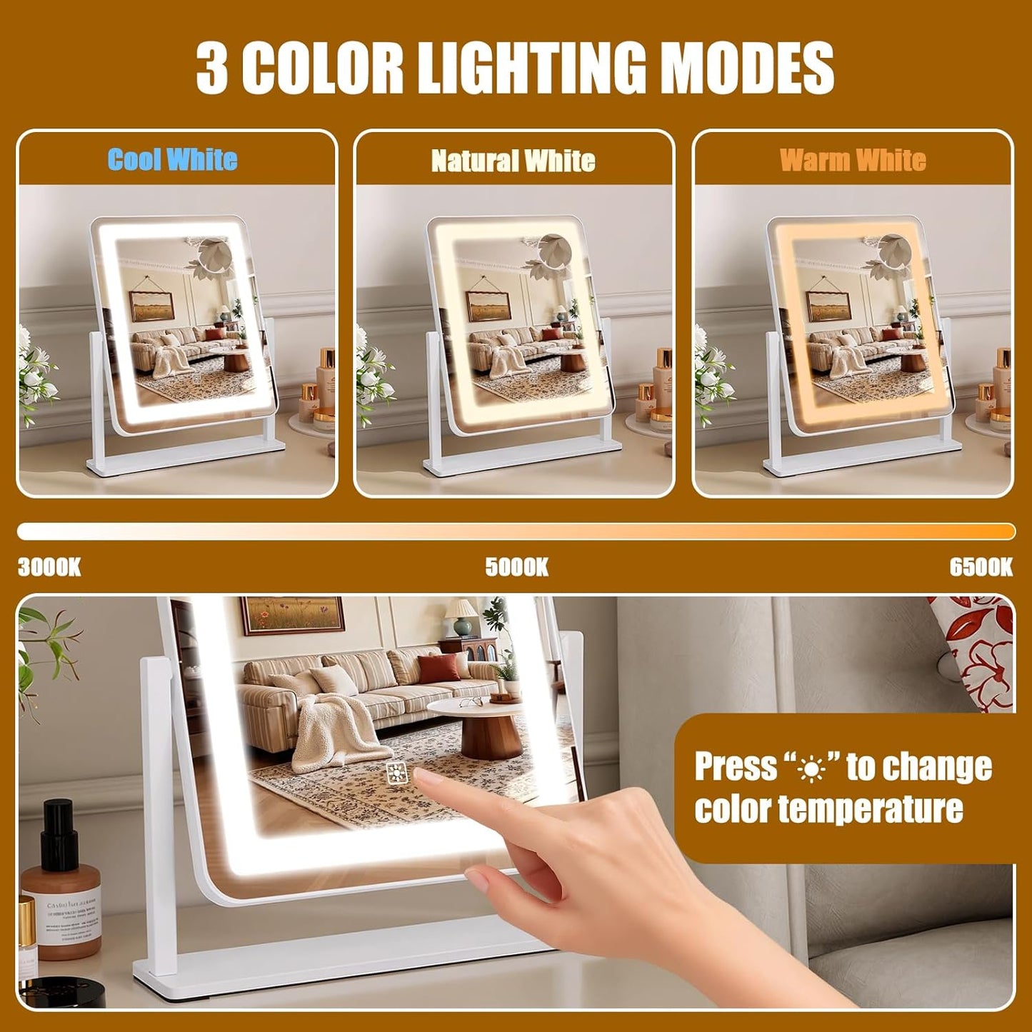 LED Makeup Mirror with Lights - 15" x 12.2" Dimmable Vanity Mirror with Smart Touch & 3-Color Lighting | 360° Rotation, White