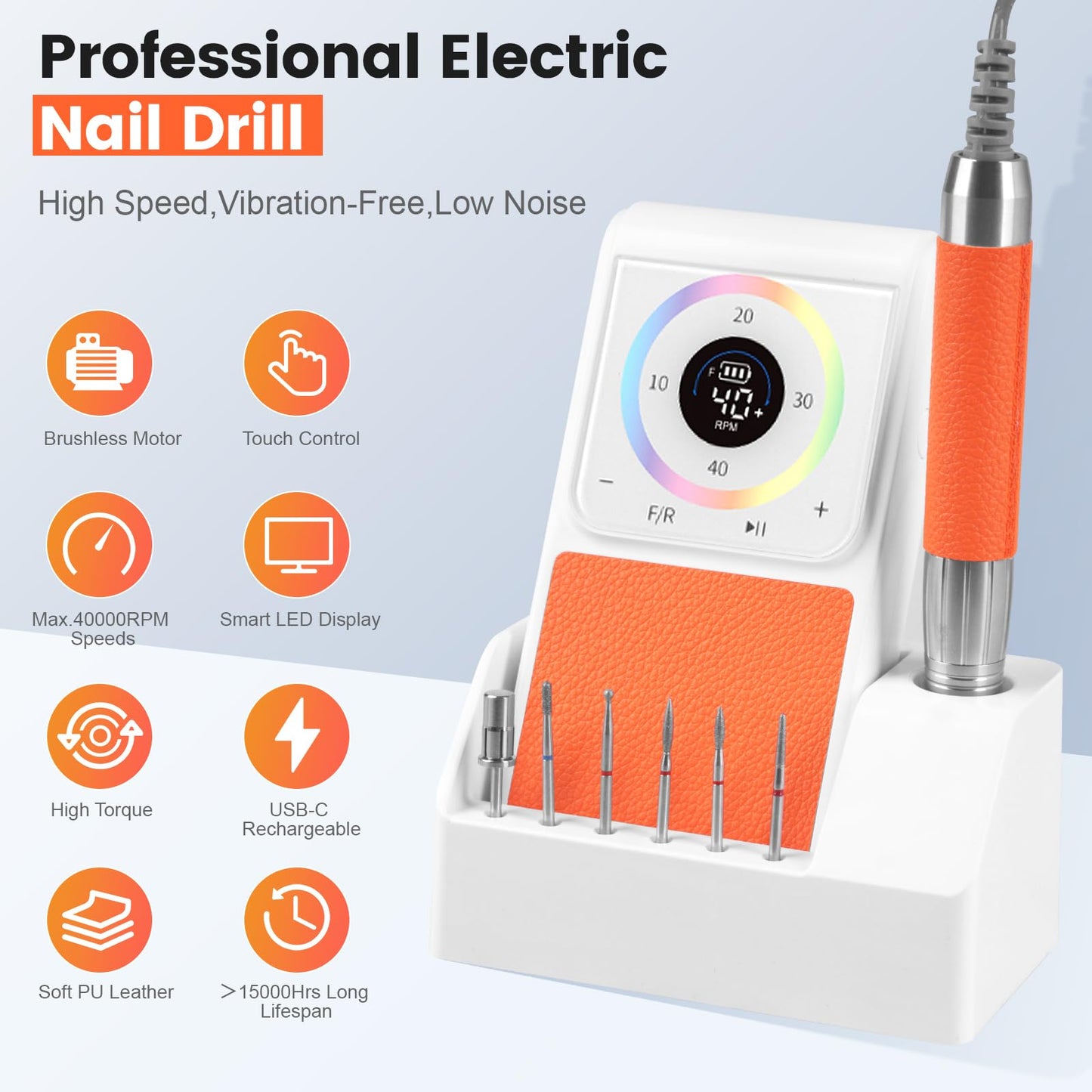 HoMove Professional Nail Drill, 40,000RPM Brushless Electric Nail File, Cordless Rechargeable Portable Nail Efile Machine