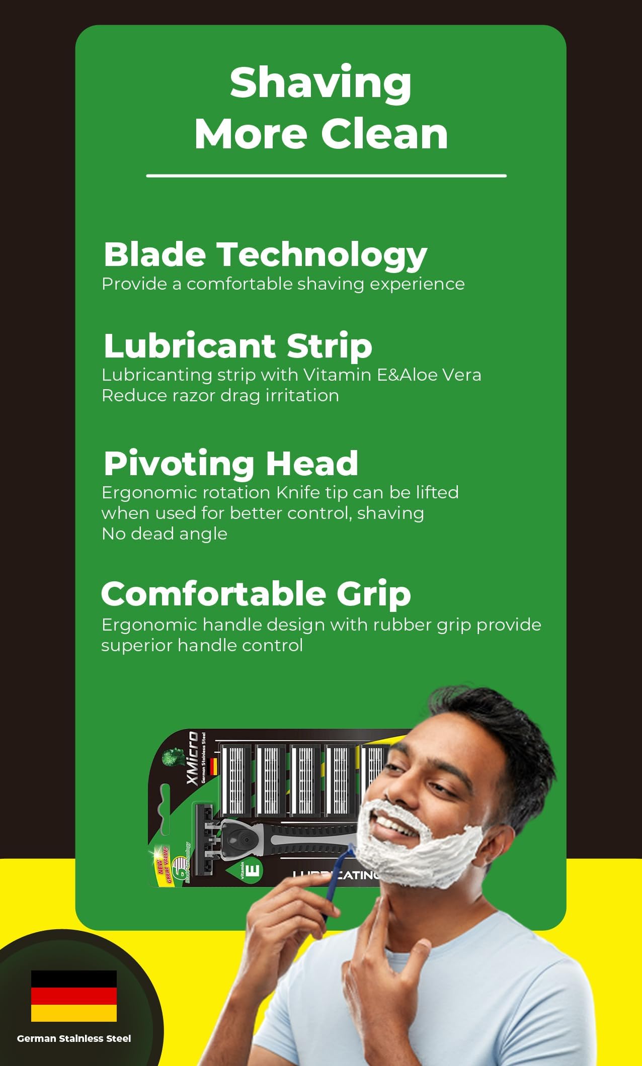 XMicro® Razors for Men, 1 Razor, 7 Blade Refills with German Stainless Steel, Lubricated with Vitamin E, Aloe for Smooth Shave, Shields Against Irritation, Light Weight Version X Men