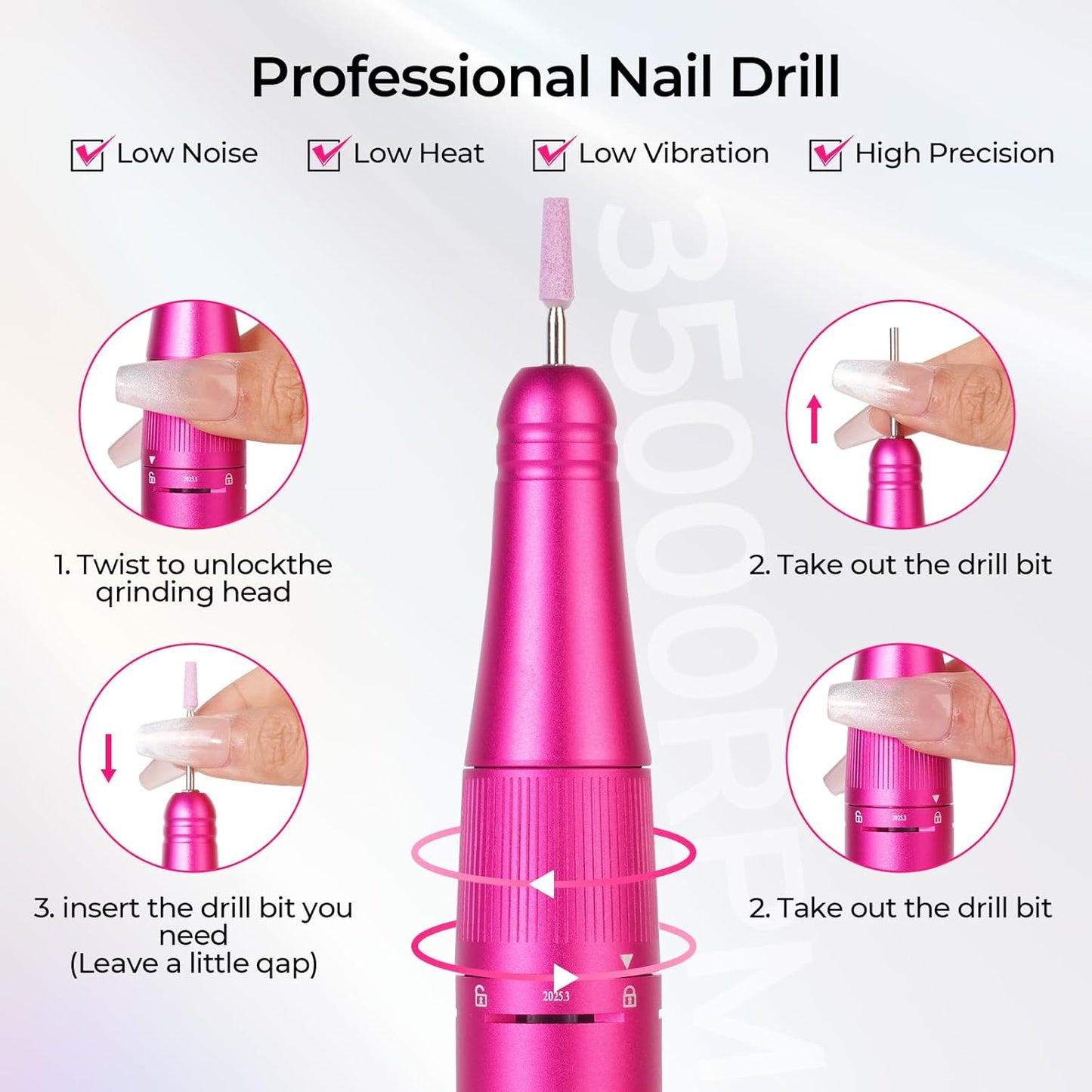 Lavinda Nail Drill - 35000 RPM Cordless Electric File for Acrylic & Gel Nails | Home & Salon Use - Viva Magenta