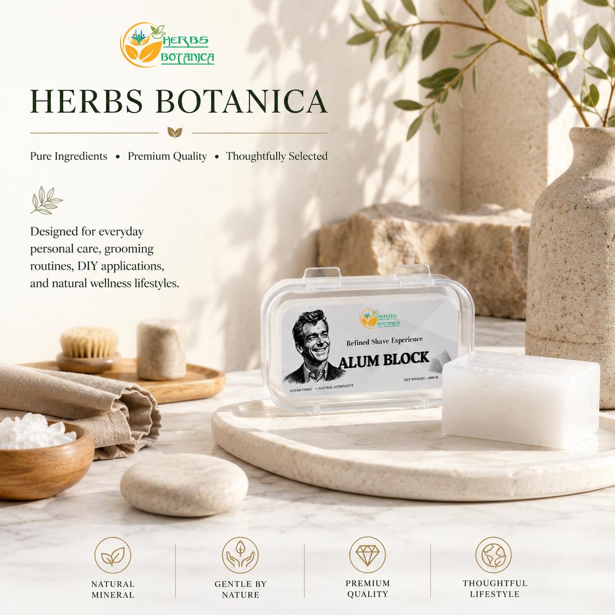 Herbs Botanica Alum Block for Shaving 100% Pure Natural Potassium Alum Crystal Traditional Post-Shave Grooming Block – Unscented Mineral Bar for Men’s Wet Shaving Routine
