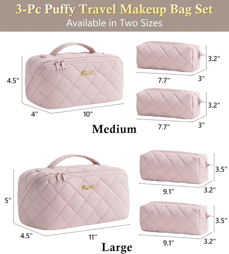 Travel Makeup Bag - 3 Pcs Large Capacity Toiletry Organizer for Women | Water-Resistant, Portable, Light Pink