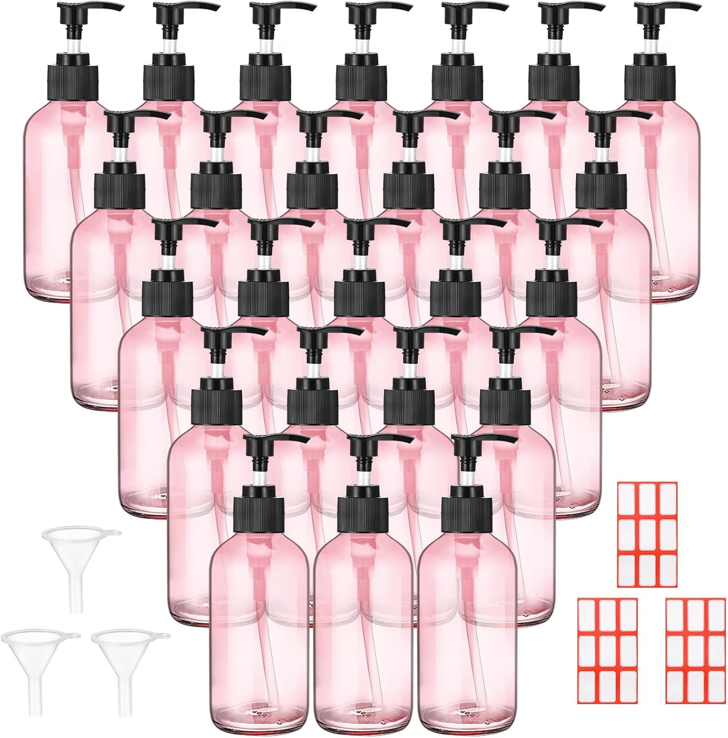 Glass Pump Bottle Set - 24 Pcs 8 oz Refillable Soap Dispenser with Labels & Funnels | Amber