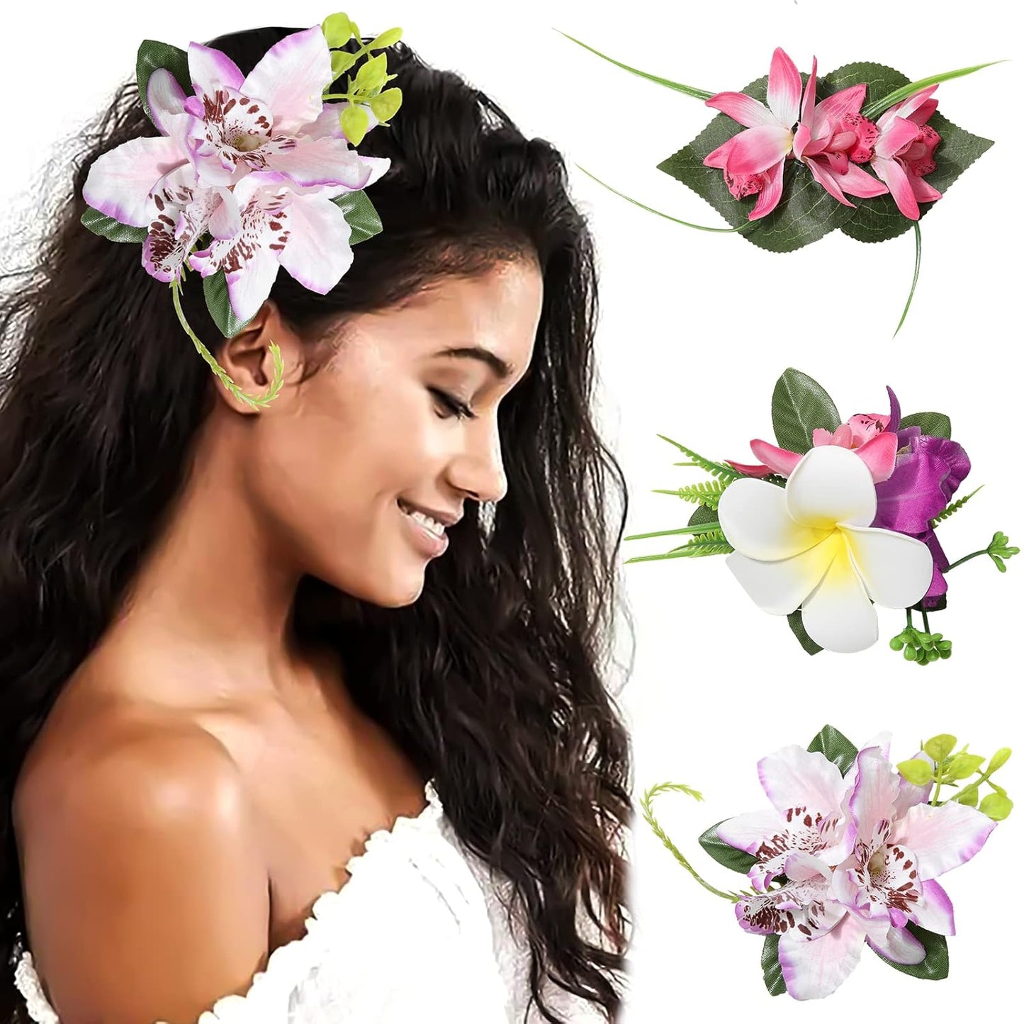 Hawaiian Flower Hair Clips - 3-Piece Set of Tropical Hair Pins | Artificial Floral Accessories in Blue, Pink, Purple
