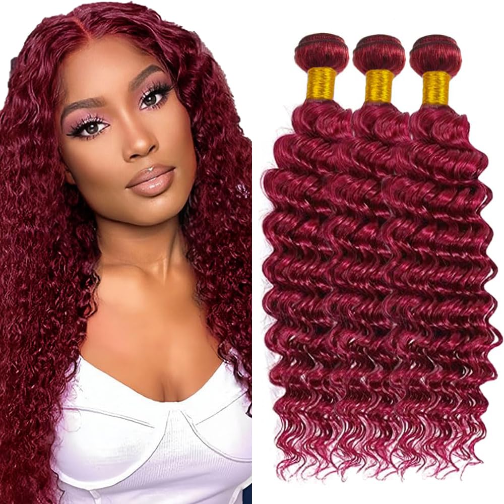 Red Bundle Human Hair Burgundy Deep Wave Bundles Human Hair Extensions Brazilian Virgin Hair 150g/3 Bundles 16 18 20 Inch 99J Red Deep Wave Bundle