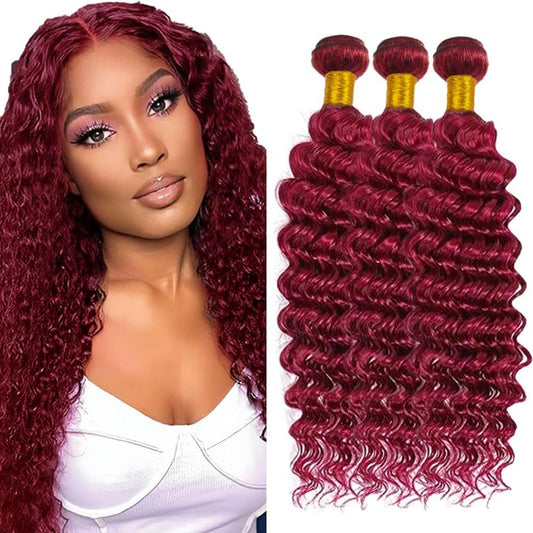 Red Bundle Human Hair Burgundy Deep Wave Bundles Human Hair Extensions Brazilian Virgin Hair 150g/3 Bundles 16 18 20 Inch 99J Red Deep Wave Bundle