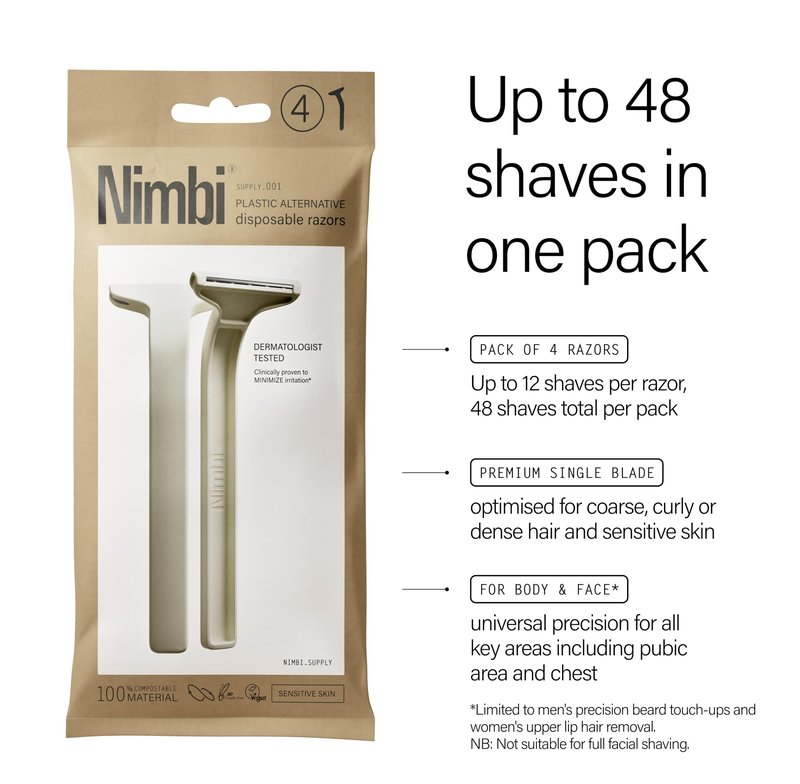Nimbi Supply Razors, Plastic-Free Disposable Razors, Pack of 4, Face and Body, for Women and Men