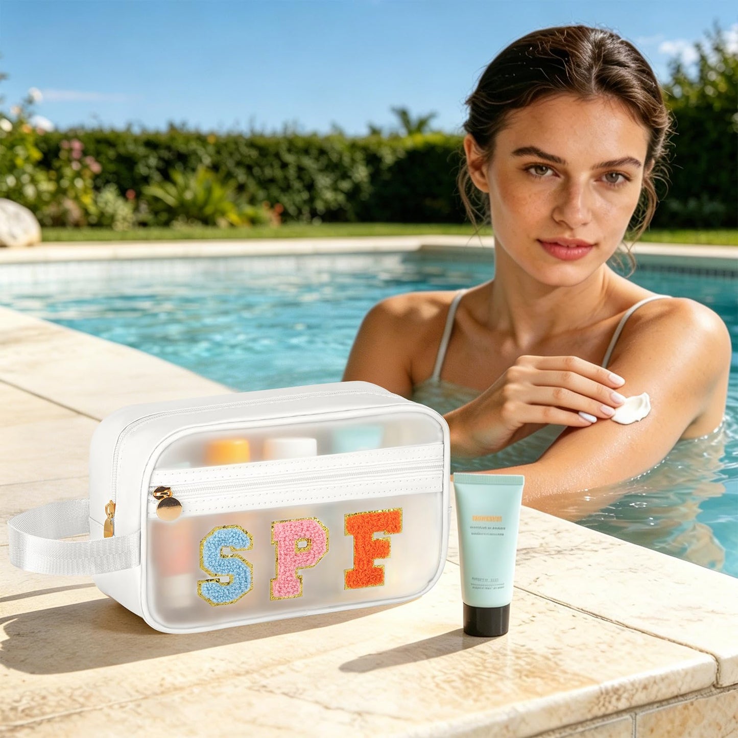 Kcjdd Clear Sunscreen Bags For Beach Pool With Handle, Waterproof Personalized Sun Bag Travel Toiletry Makeup Bag,Travel Beach Pool Summer Essentials SPF Bag For Women Girls(