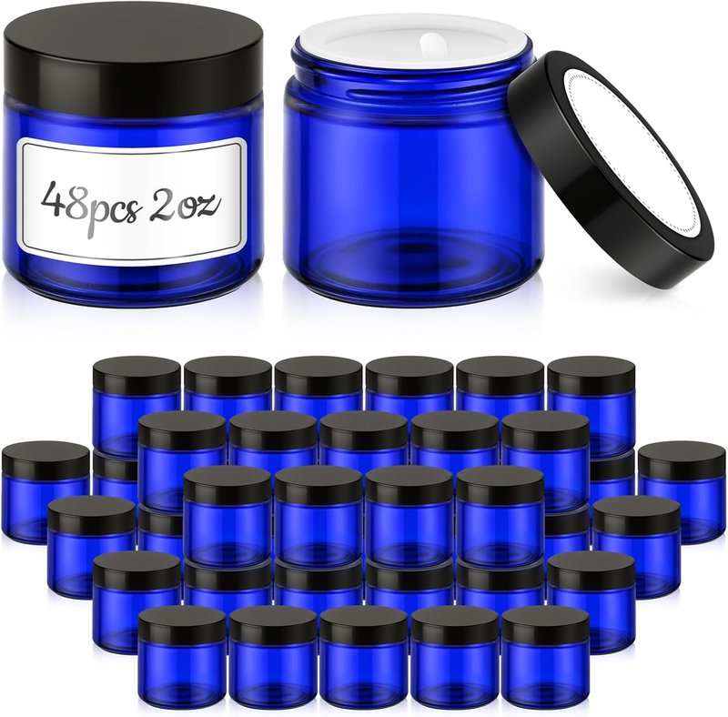 Glass Jars with Lids - 2 oz Blue Round Containers | 48 Pack for Cosmetics, Samples, Creams & Powders