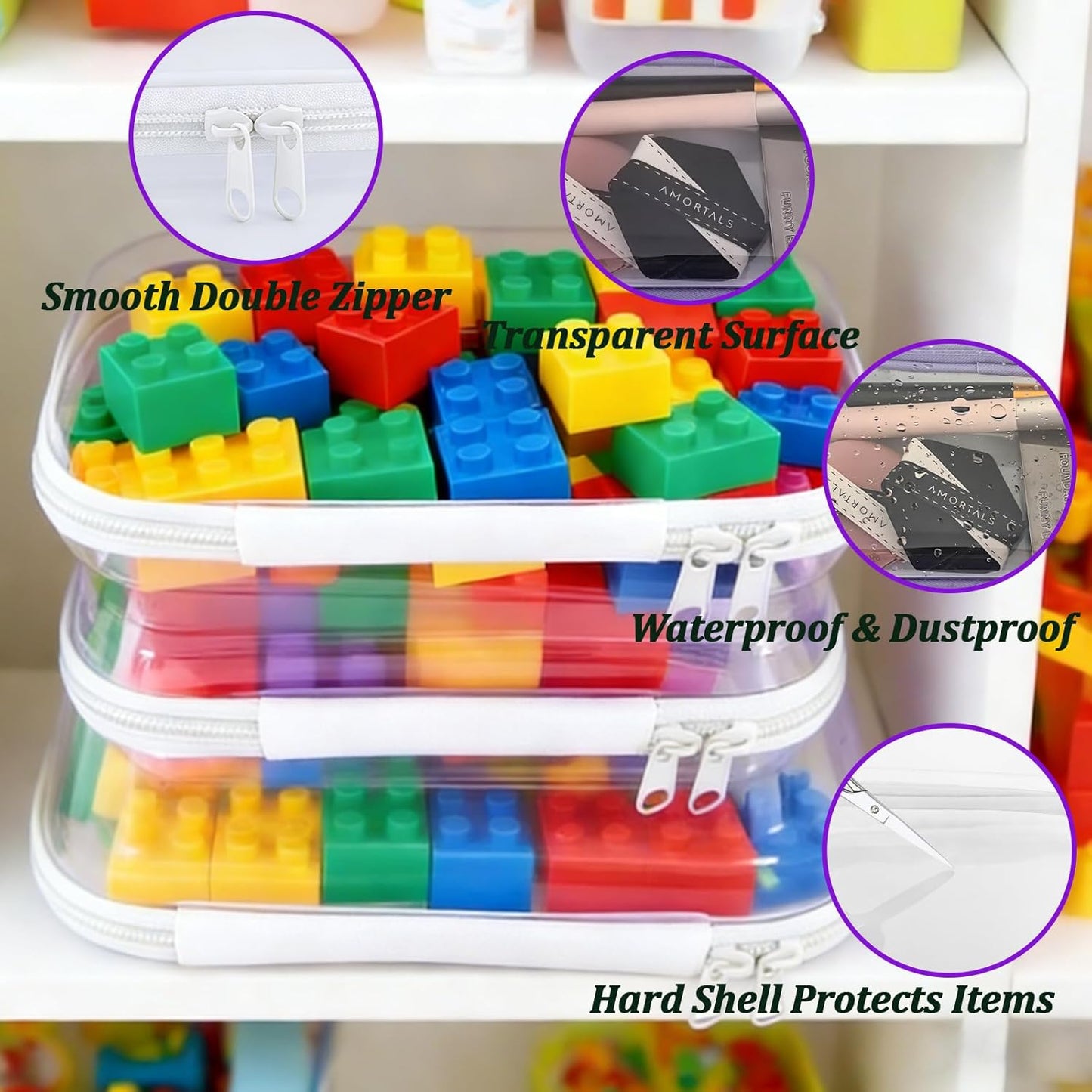 Clear Hard Zipper Case Set - 3 Transparent Makeup Organizer Bags for Travel Toiletries | Portable Plastic Storage (White)