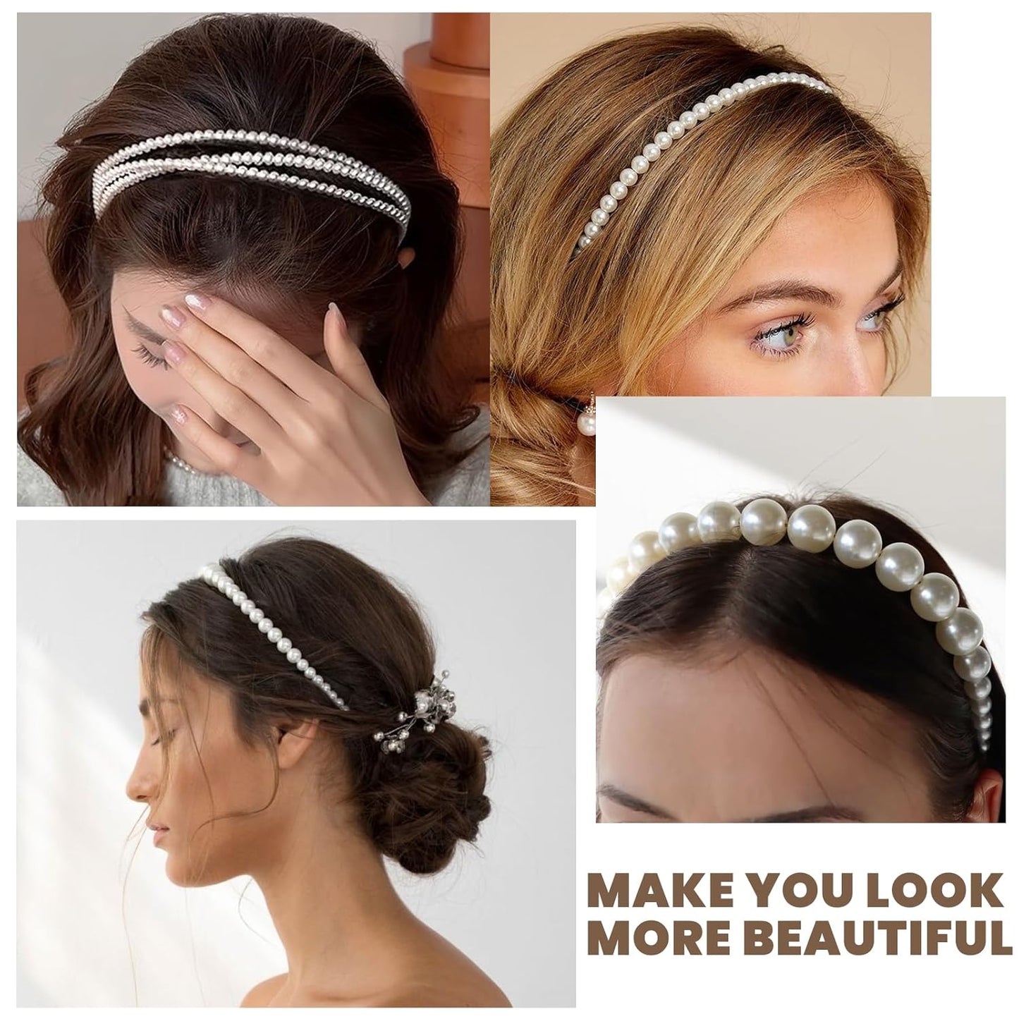 6Pcs White Pearl Headbands for Women | Dainty Bling Hairbands for Weddings & Events