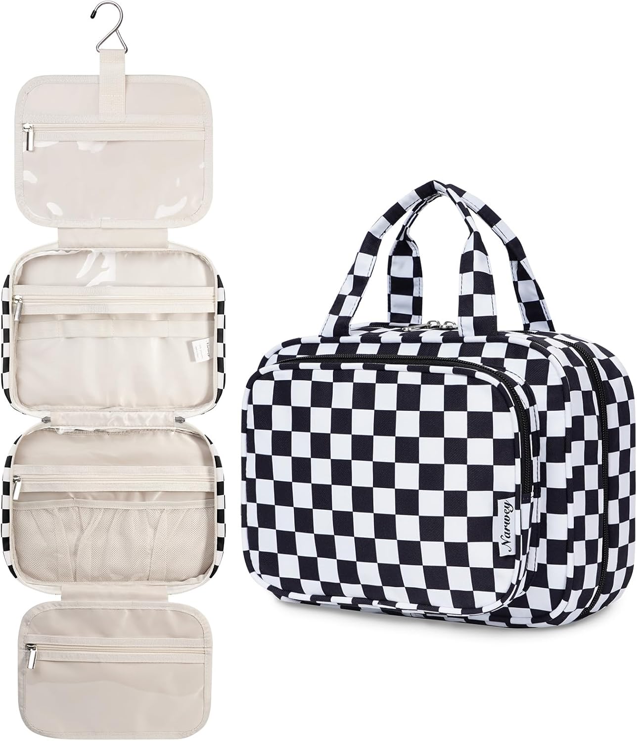 Hanging Toiletry Bag for Women - Travel Makeup Organizer with Light Checkerboard Design | Medium Size