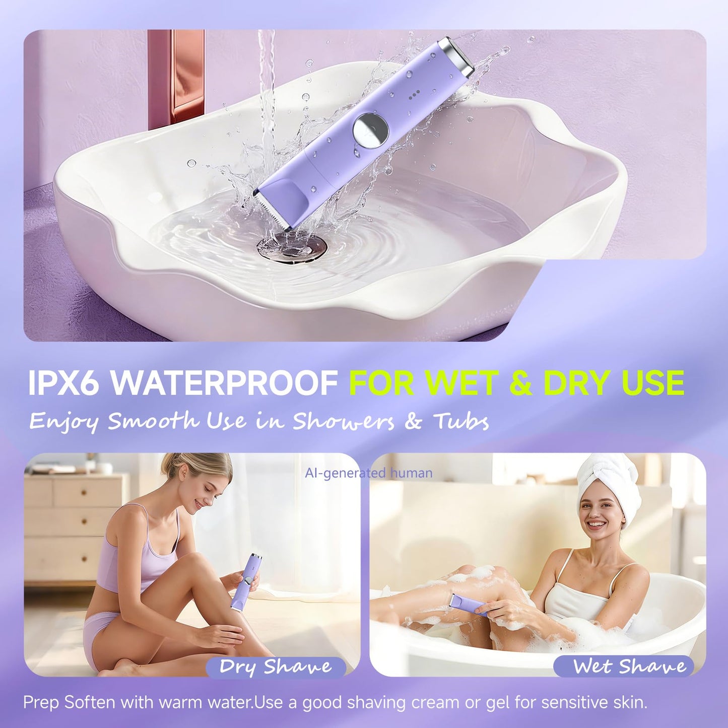 Likefun Bikini Trimmer for Women - 3-in-1 Painless Electric Razor, Ceramic Blade Cordless Body & Facial Shaver for Face, Legs & Pubic Hair, Wet & Dry Use, USB-C Rechargeable, Gifts for Women (Purple)