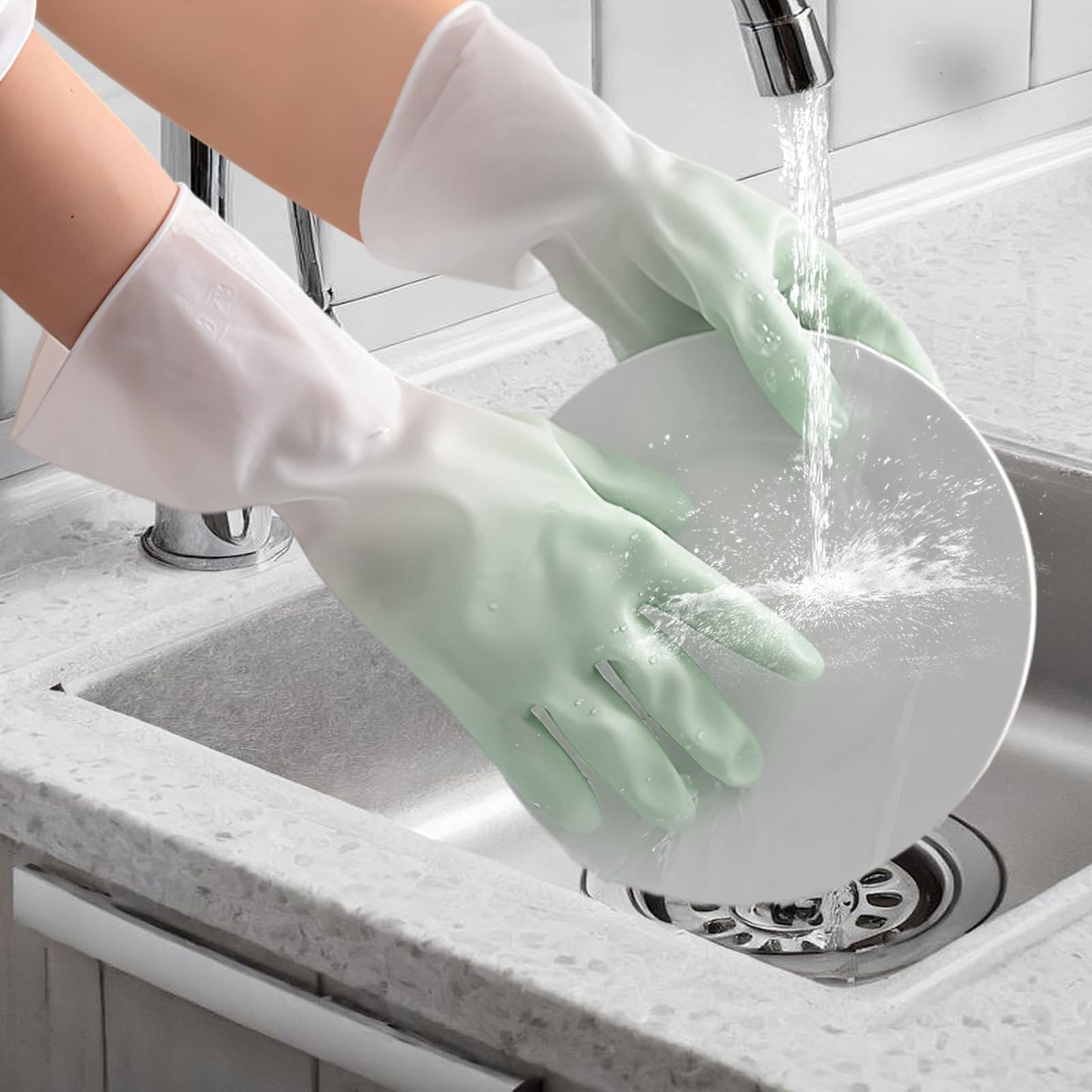 Long Cuff Cleaning Gloves Waterproof Reusable Household Gloves Anti Slip Grip for Kitchen Dishwashing Bathroom Garden Tasks (Green, L)