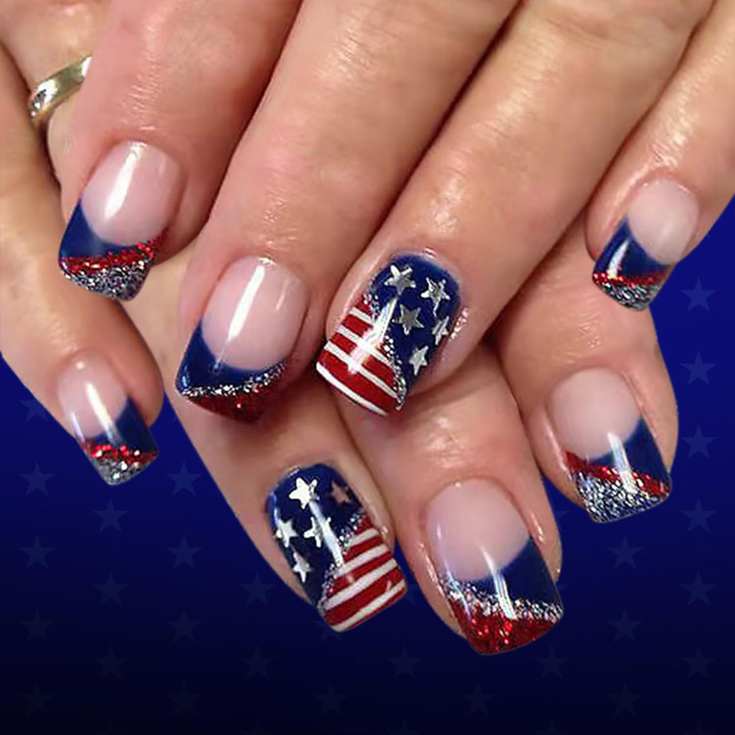30Pcs 4th of July Press-On Nails - Medium Almond Shape with Fireworks & American Flag Design | Patriotic Artificial Nails for Women