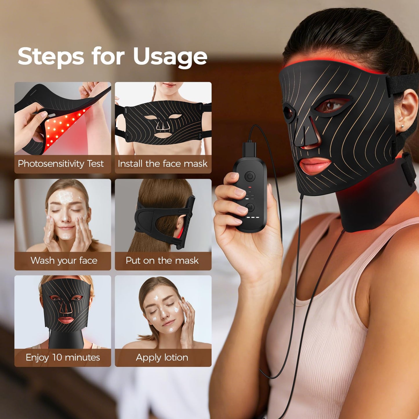 ONLUKY Red Light Therapy for Face,LED Face Mask Light Therapy with Neck Device,103 3-in-1 Light Beads,Remoter Rechargeable,Timing Function,Infrared Red Light Therapy Mask for Home