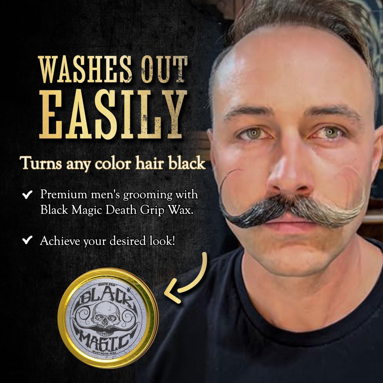 THE VINTAGE GROOMING CO. Black Mustache Wax | Black Magic Death Grip Moustache Wax | Hide Grey Hair In Beard Or Moustache | Extra Strong Hold Mustache Wax Unscented | 1 oz Tin Heat Source Required