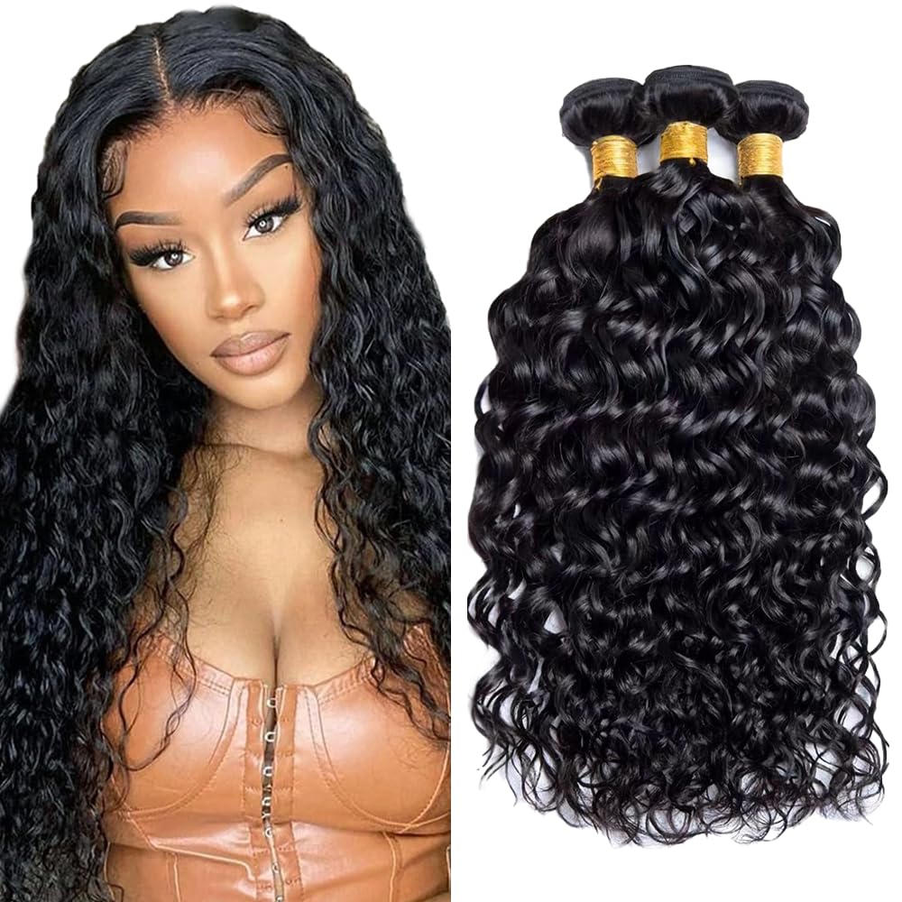 26 28 30 Inch 1b Bundles Human Hair Water Wave Bundle Mixed Length 3 Bundles GveoXvo Natural Color Wet and Wavy Bundles Human Hair