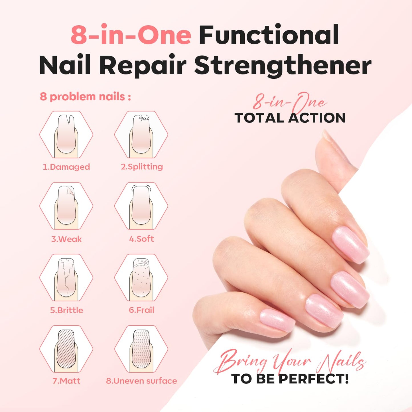 Nail Strengthener - Glitter Pink Nail Polish for Damaged Nails | 15ml Hardener & Growth Formula