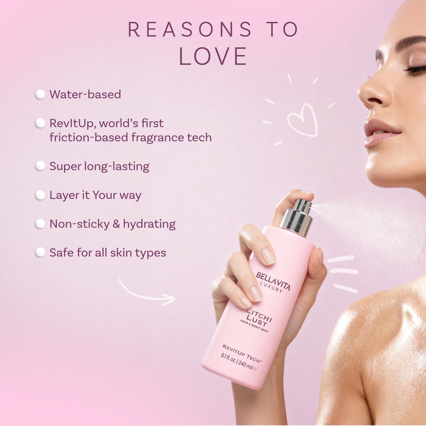 Bellavita Luxury Litchi Lust Hair & Body Mist for Women | Sweet Fruity Body Spray | Refreshing Hair and Body Mist | Lightweight, Alcohol-Free Perfume for Women | 8.12 fl.oz | 240 ml