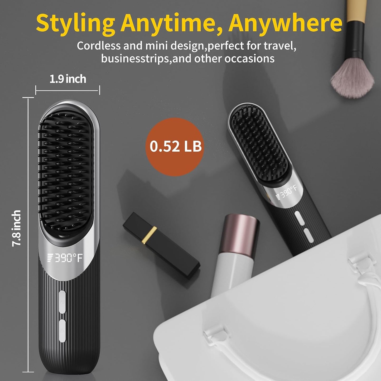 Cordless Hair Styling Brush - 2-in-1 AI Smart Styler with Fast Heat | USB Rechargeable, Portable Travel Comb (Black)