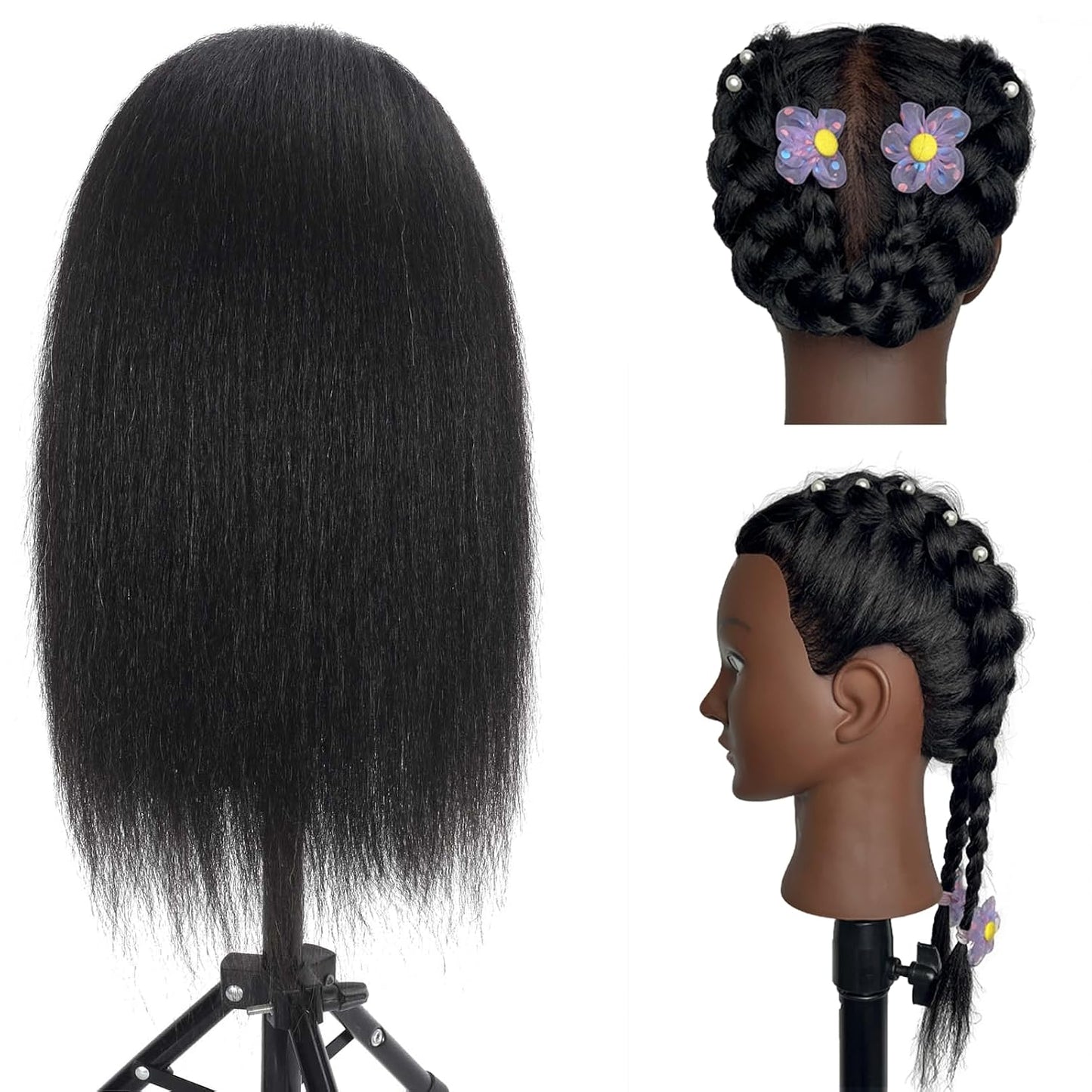 Realistic Human Hair Mannequin Head - 100% Real Hair for Cosmetology Practice | 16 Inch with Table Clamp Stand