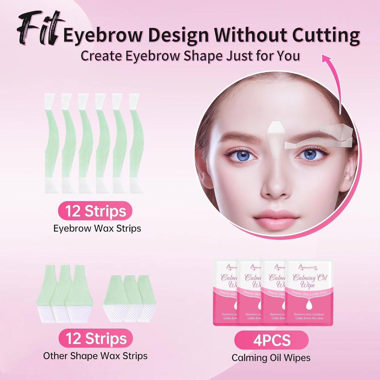 Facial Wax Strips for Hair Removal - Eyebrow Wax Strips | 24 Count with 4 Calming Oil Wipes for All Skin Types