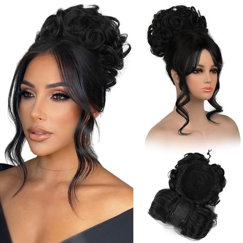REECHO Messy Bun Hair Piece with Bangs | 2-in-1 Curly Updo Wig & Hair Topper - Natural-Looking Black Drawstring Ponytail Extension for Women