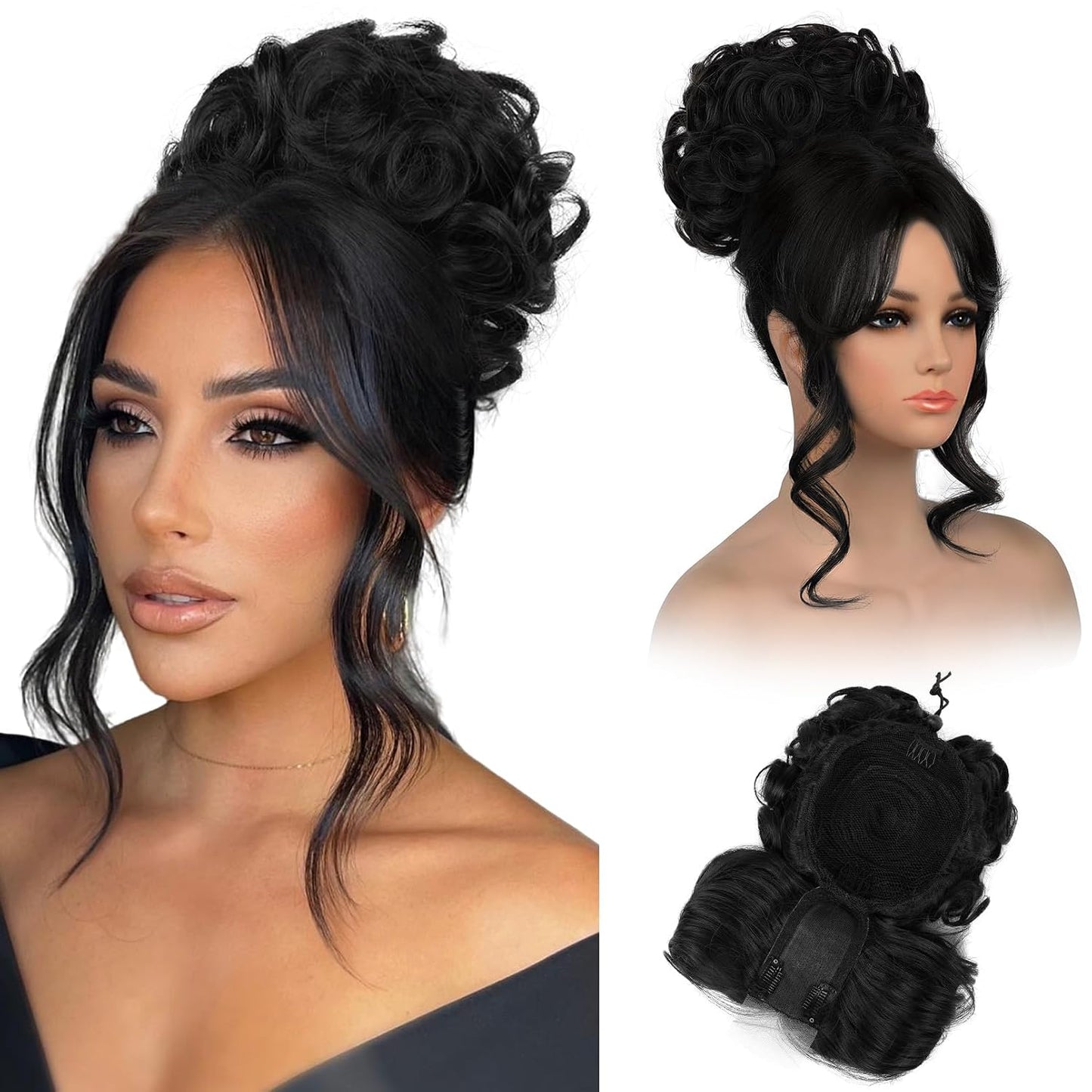 Messy Bun Hair Piece with Bangs - 2-in-1 Curly Updo Wig & Hair Topper | Natural-Looking Drawstring Ponytail Extension in Chocolate Brown