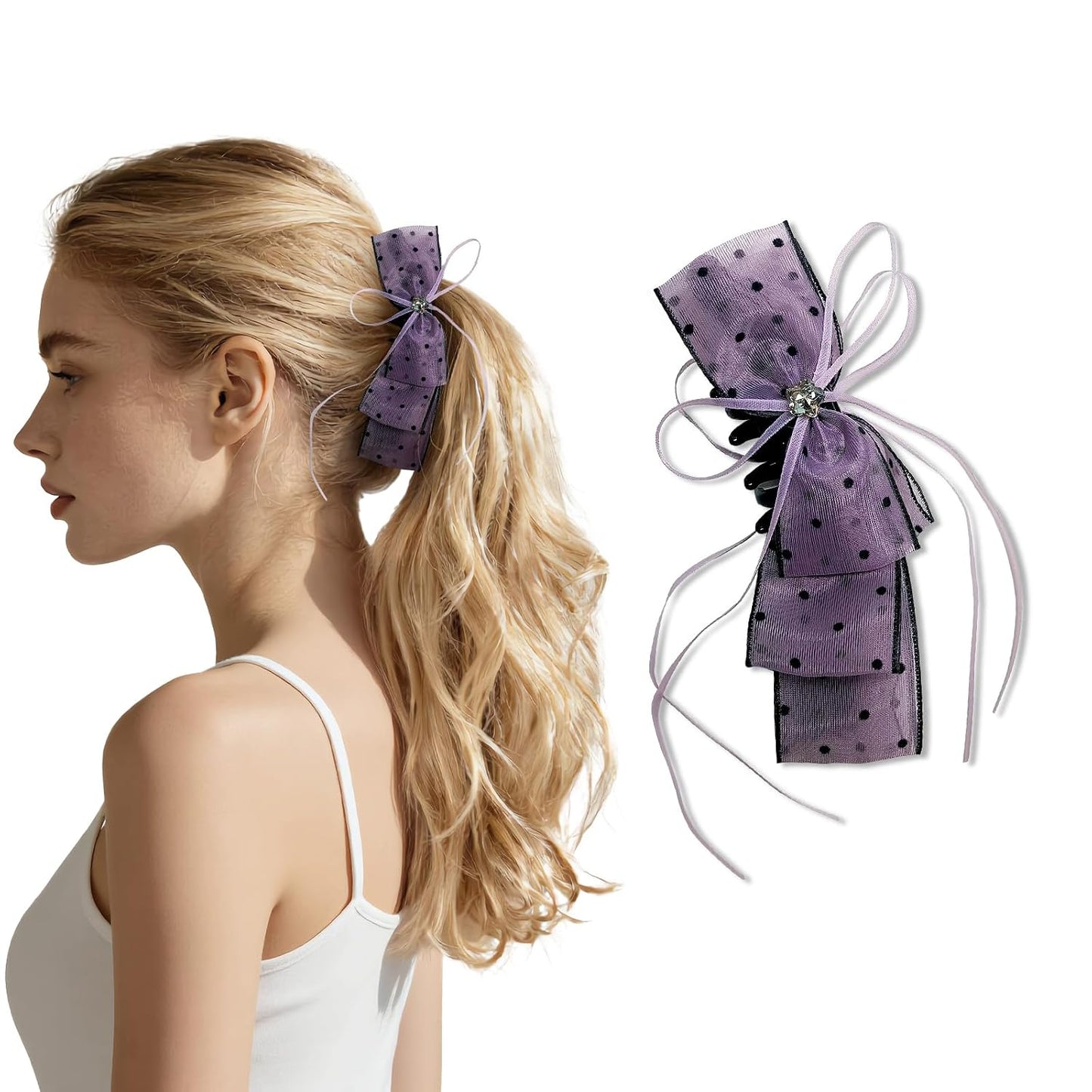 Banana Clips for Women - Cute Satin Polka Dot Hair Bow Claw Clips | Perfect for Thick & Thin Hair - Seersucker Yellow