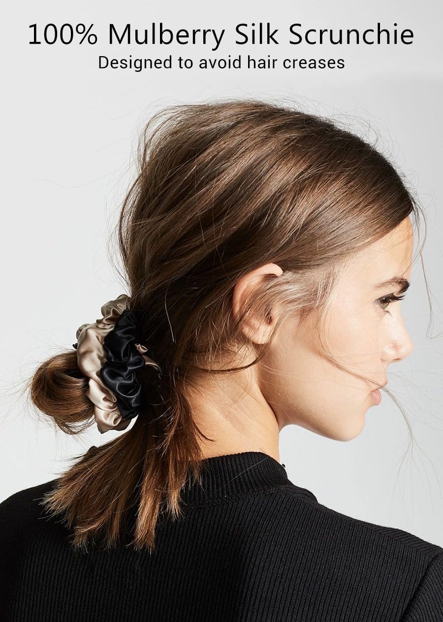 LaCourse Anti-Slip 100% Real Mulberry Silk Bonnet with Silk Scrunchy for Sleeping Women, Large Double-Layered Silk Hair Wrap for Curly Hair (Black+Silver)