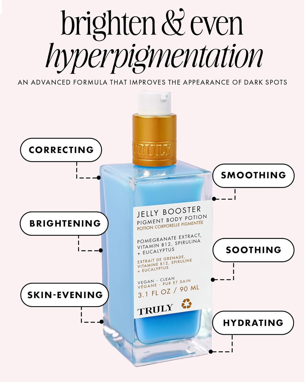 Truly Beauty Jelly Booster Pigment Body Potion - Dark Spot Treatment with Pomegranate Extract & Vitamin B12 | Hydrates & Smooths Skin (3.1 fl oz)